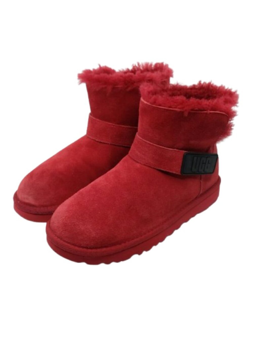 UGG~Mini Bailey Graphic Logo Strap~SAMBA RED SUEDE SHEARLING ANKLE BOOTS Size 9